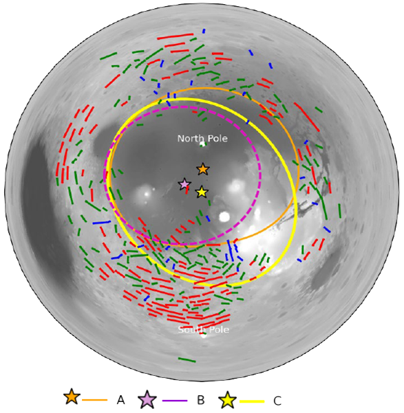 Magnetic anomaly patterns on Mars showing circumferential bands around impact basin
